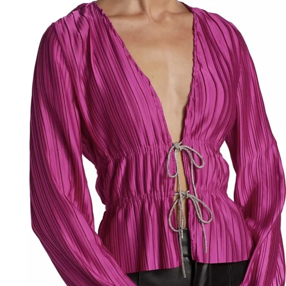 WAYF Payton Pink Tie Front Top Long Sleeve Blouse Women's Cardigan Rhinestone - Picture 3 of 16